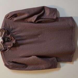 W5 Dark Plum Three-quarter Sleeve Ruffle Neck Top, Medium